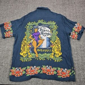 Vintage Mambo Loud Shirt Mens Large Blue Royal Mambo Bar Grill Hawaiian Tiki 90s